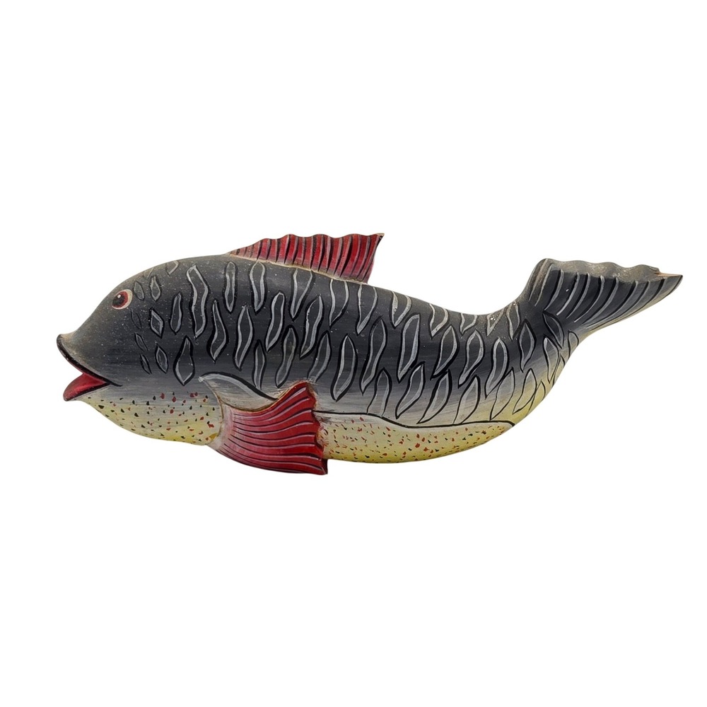 Fish Carved Wooden Wall Art 8.5in Painted Nautical Coastal Decor Rustic Folk Art